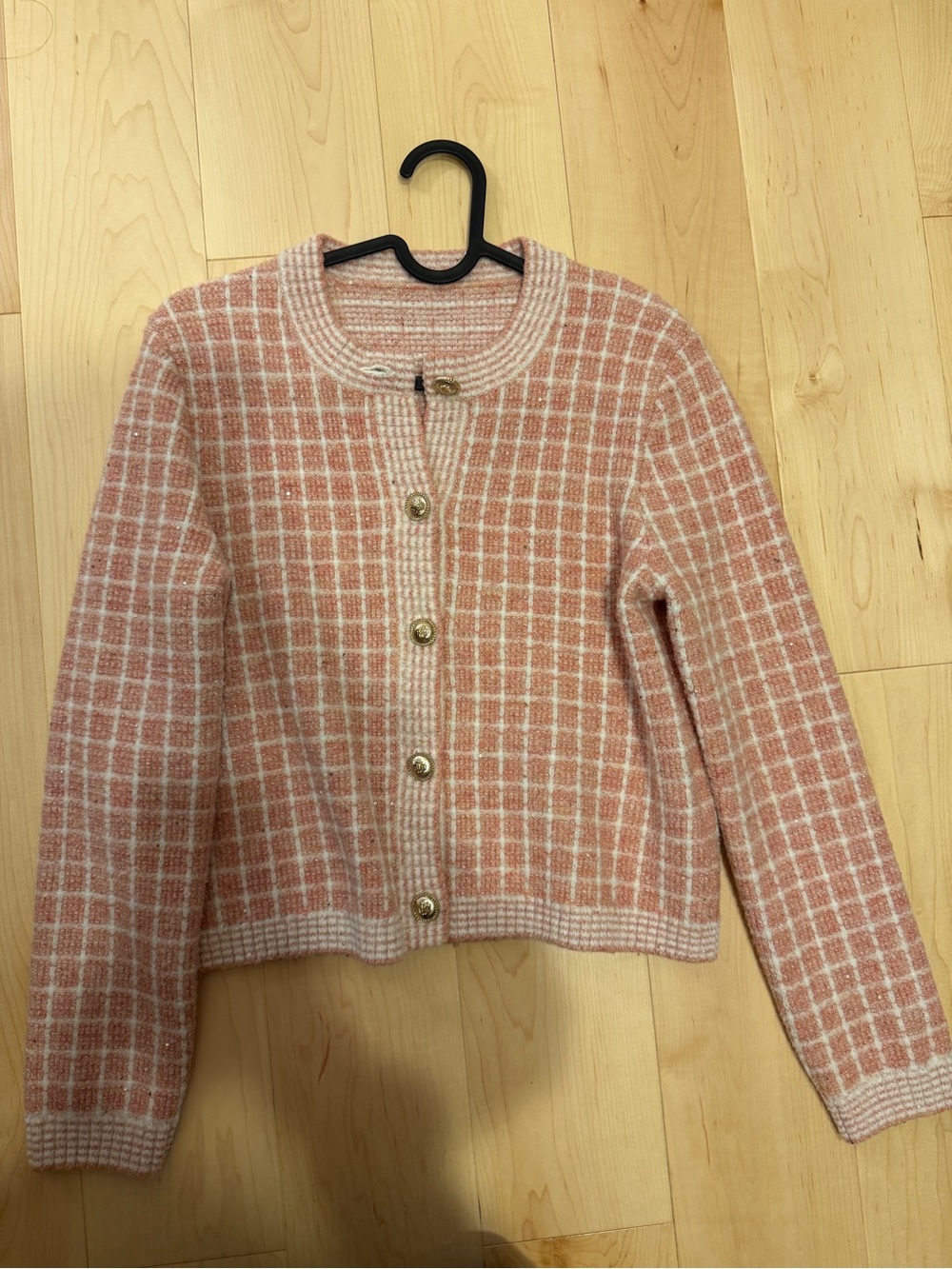 Womens Pink Grid Knit Cardigan Sweater